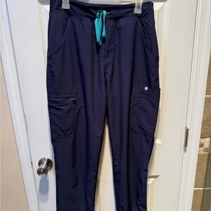 Figs Women’s Cargo Pants in Dark Blue with Turquoise Drawstring